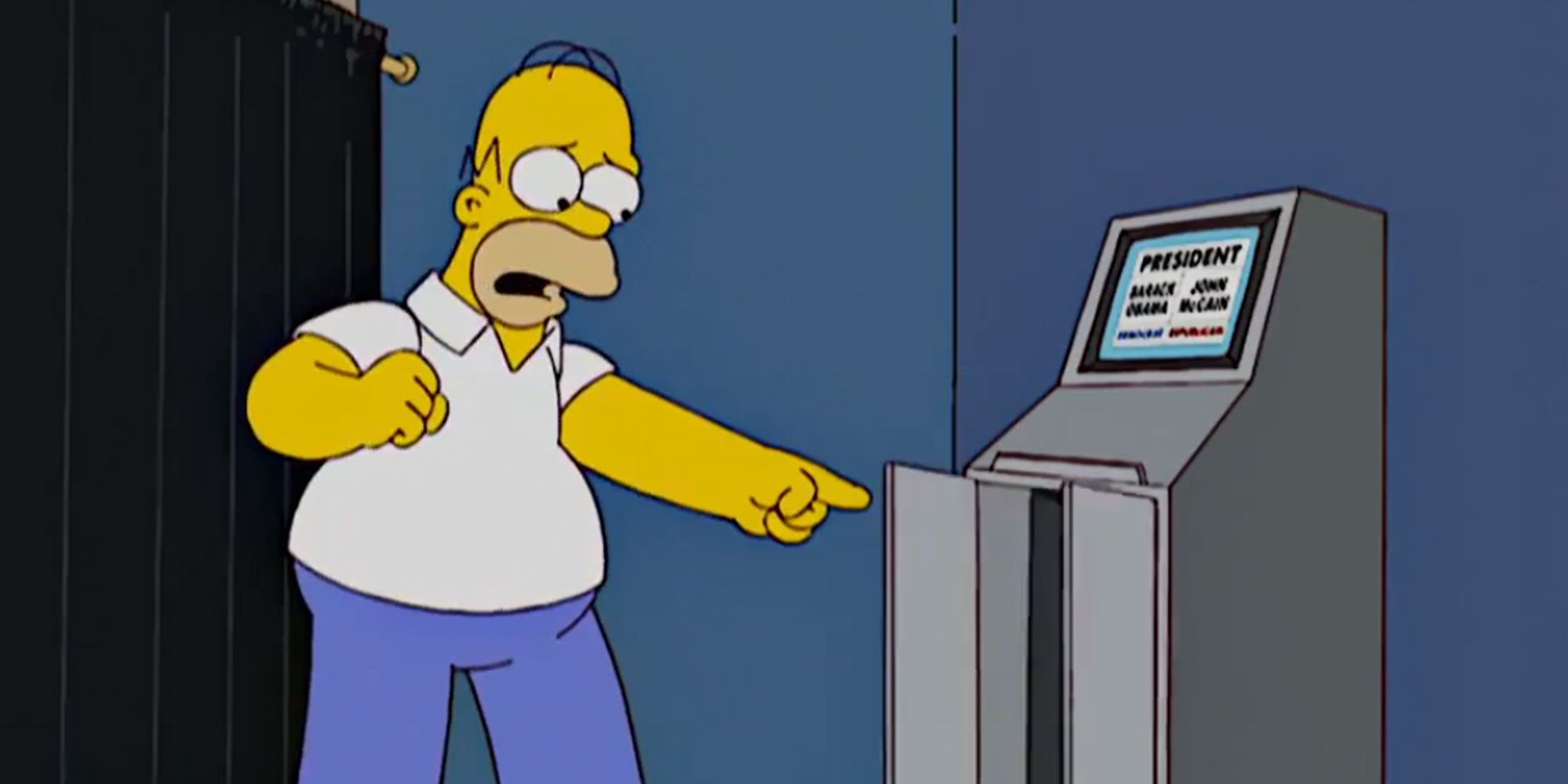Homer pointing at a voting machine in The Simpsons