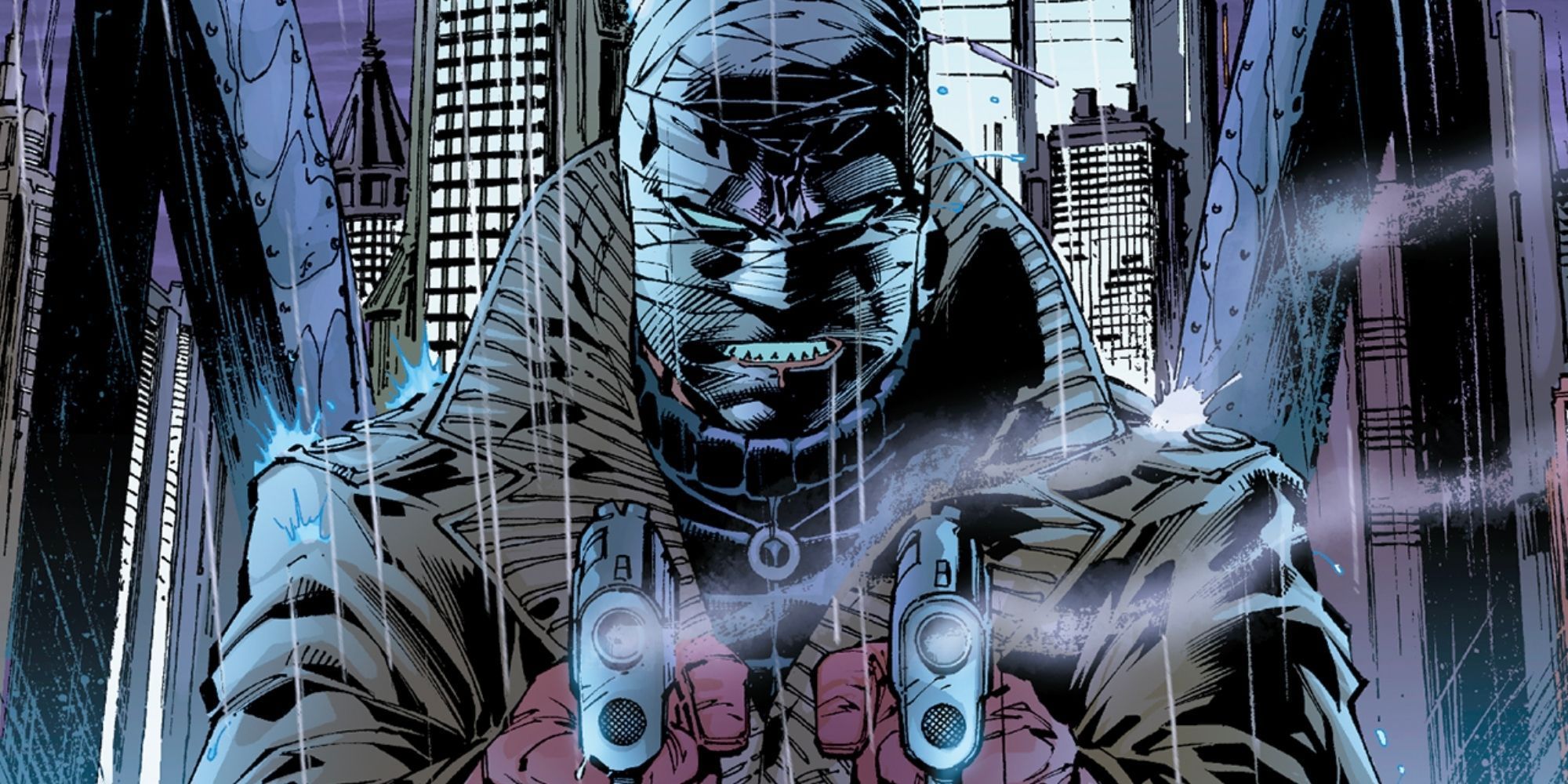 An image of Hush holding two smoking guns in the rain from the 2003 storyline, "Batman: Hush."