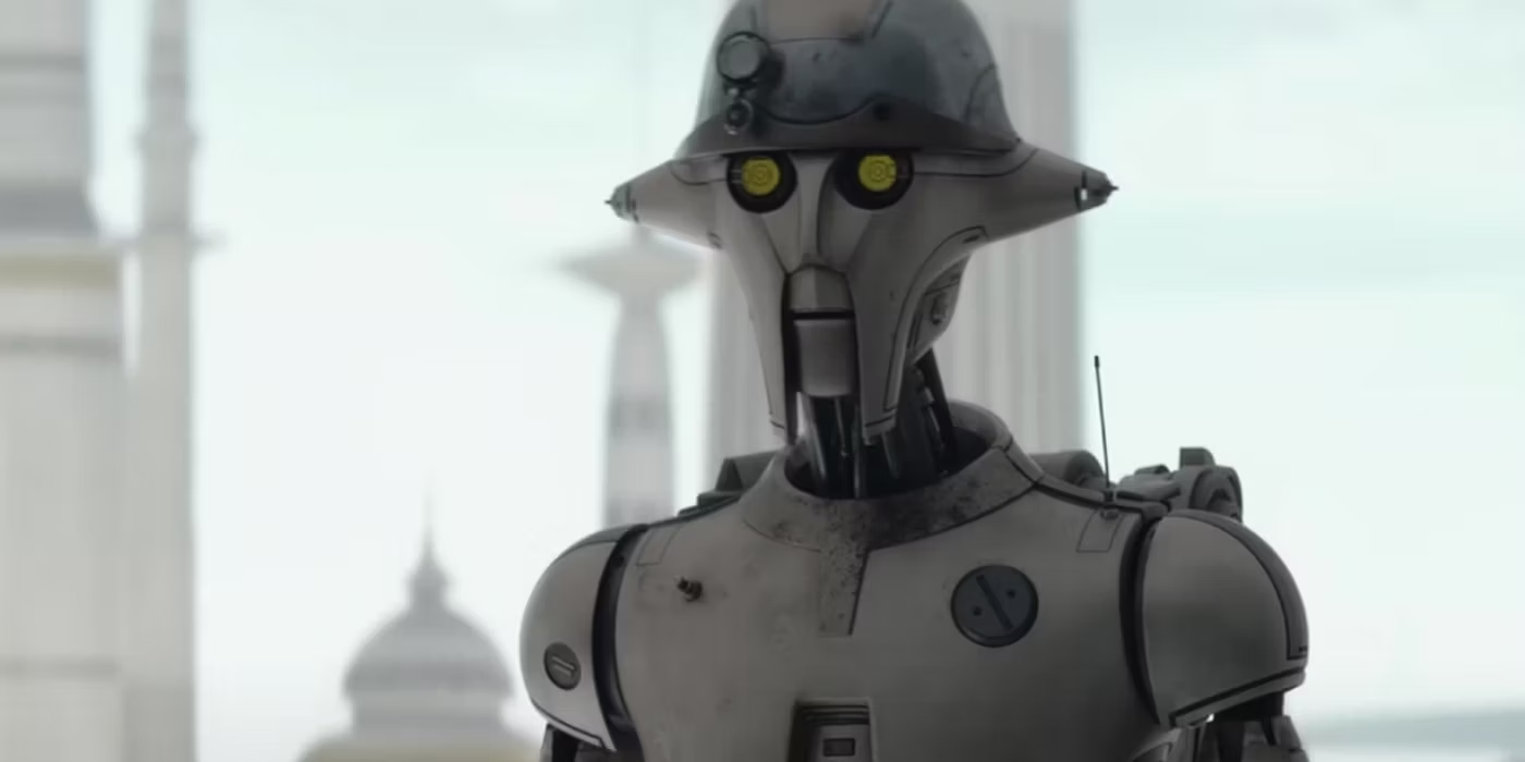 huyang droid in all white suit with yellow eyes in ahsoka