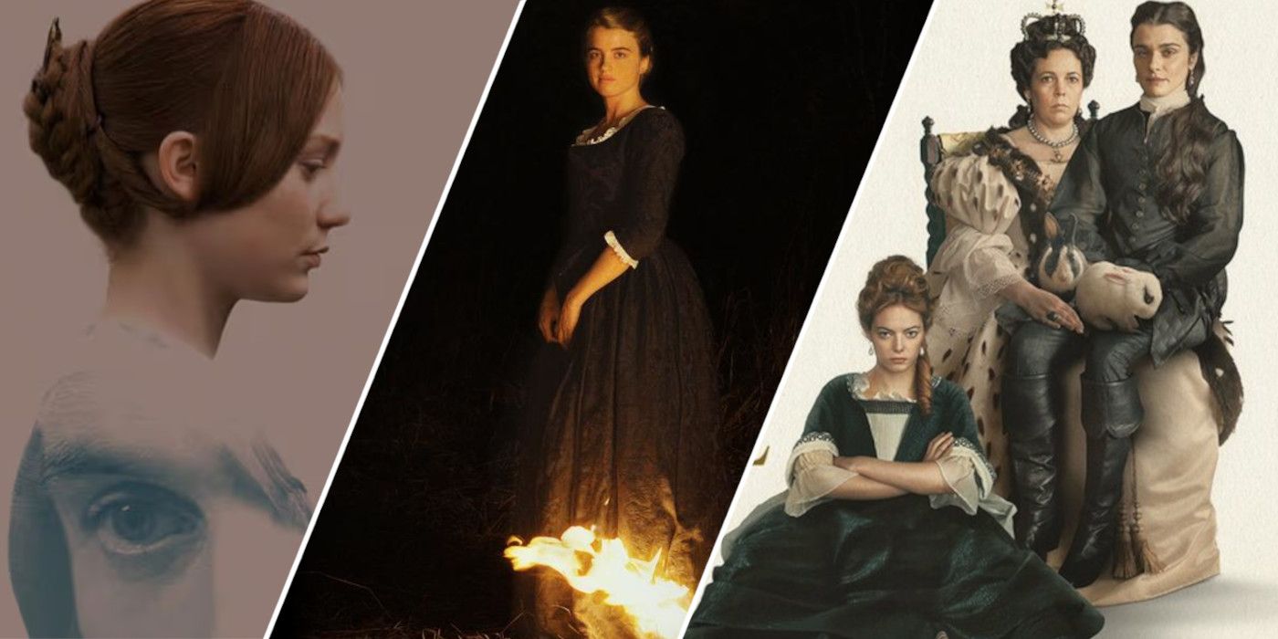 Split image showing characters from Jane Eyre, Portrait of a Lady on Fire, and The Favourite