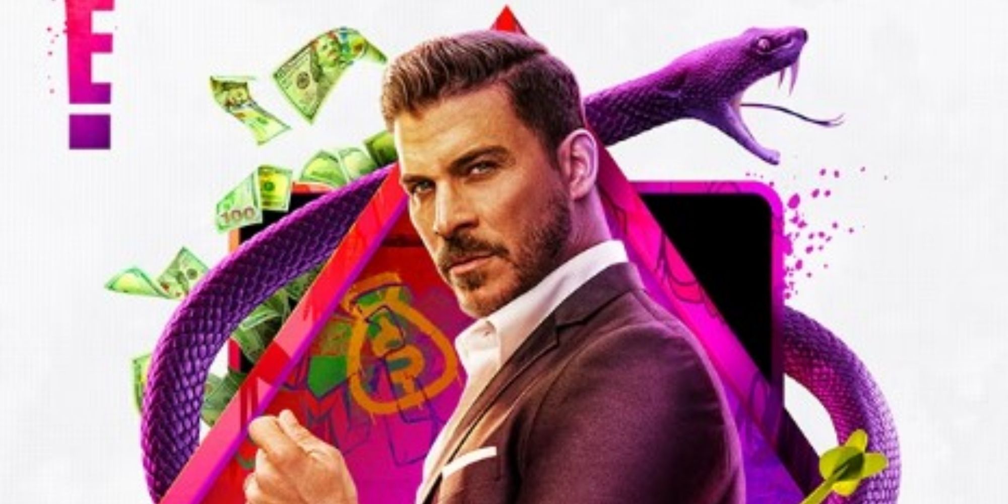 Jax Taylor wears a suit looking over his shoulder with a purple snake and money behind him in his 'House of Villains' cast photo.