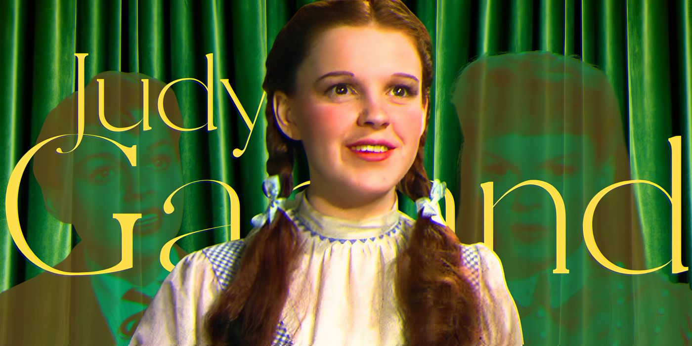 Blended image showing Judy-Garland against a green curtain with her name in large letters.