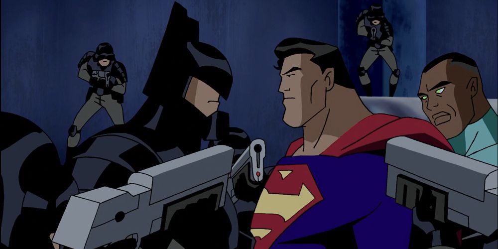 An alternate future Batman confronts Superman and Green Lantern