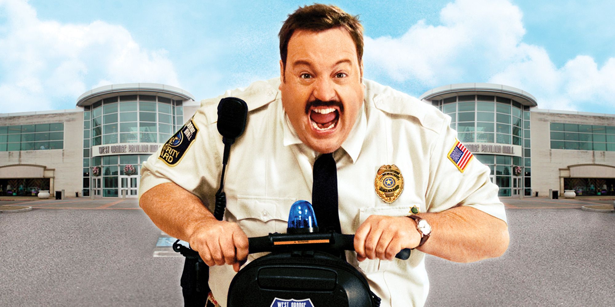 Paul Blart screaming while driving his Segway outside a mall