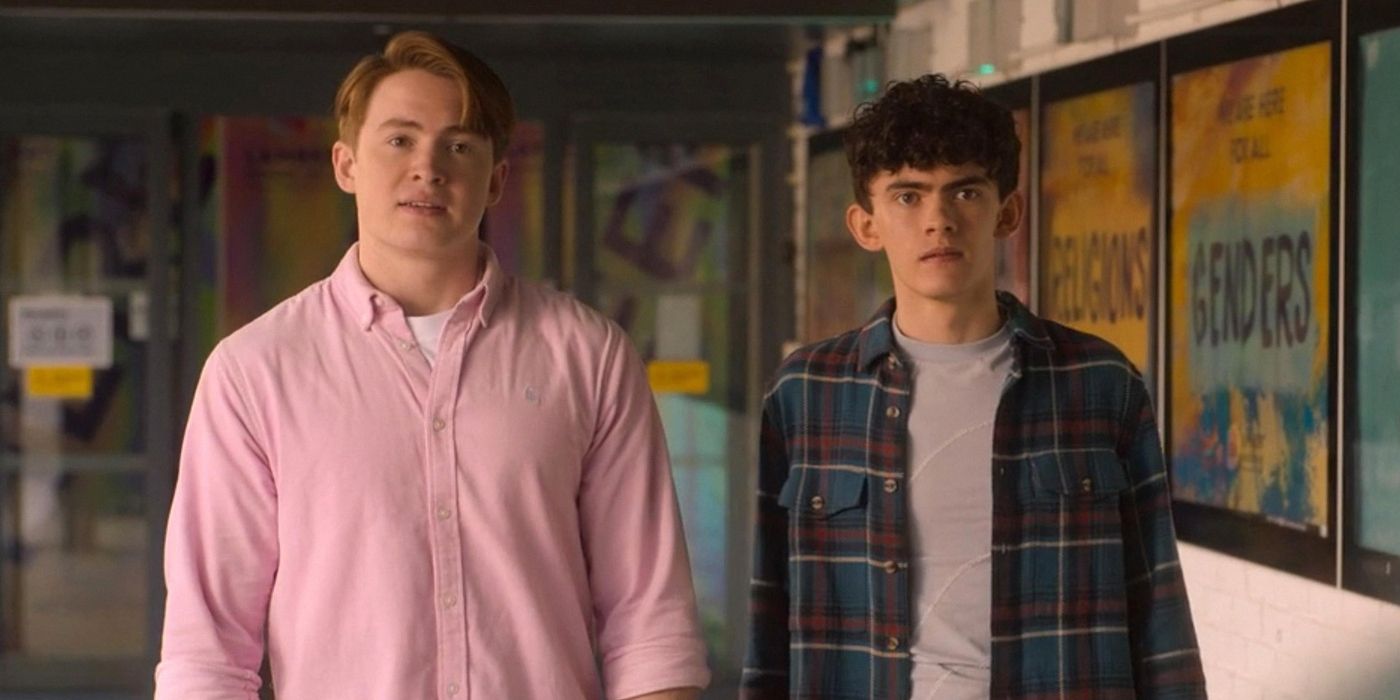 Kit Connor as Nick and Joe Locke as Charlie, both looking exasperated in Season 2 of Heartstopper