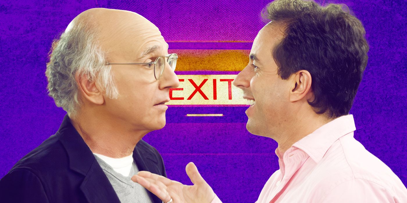 A custom image of Larry David and Jerry Seinfeld facing each other in front of a neon Exit sign