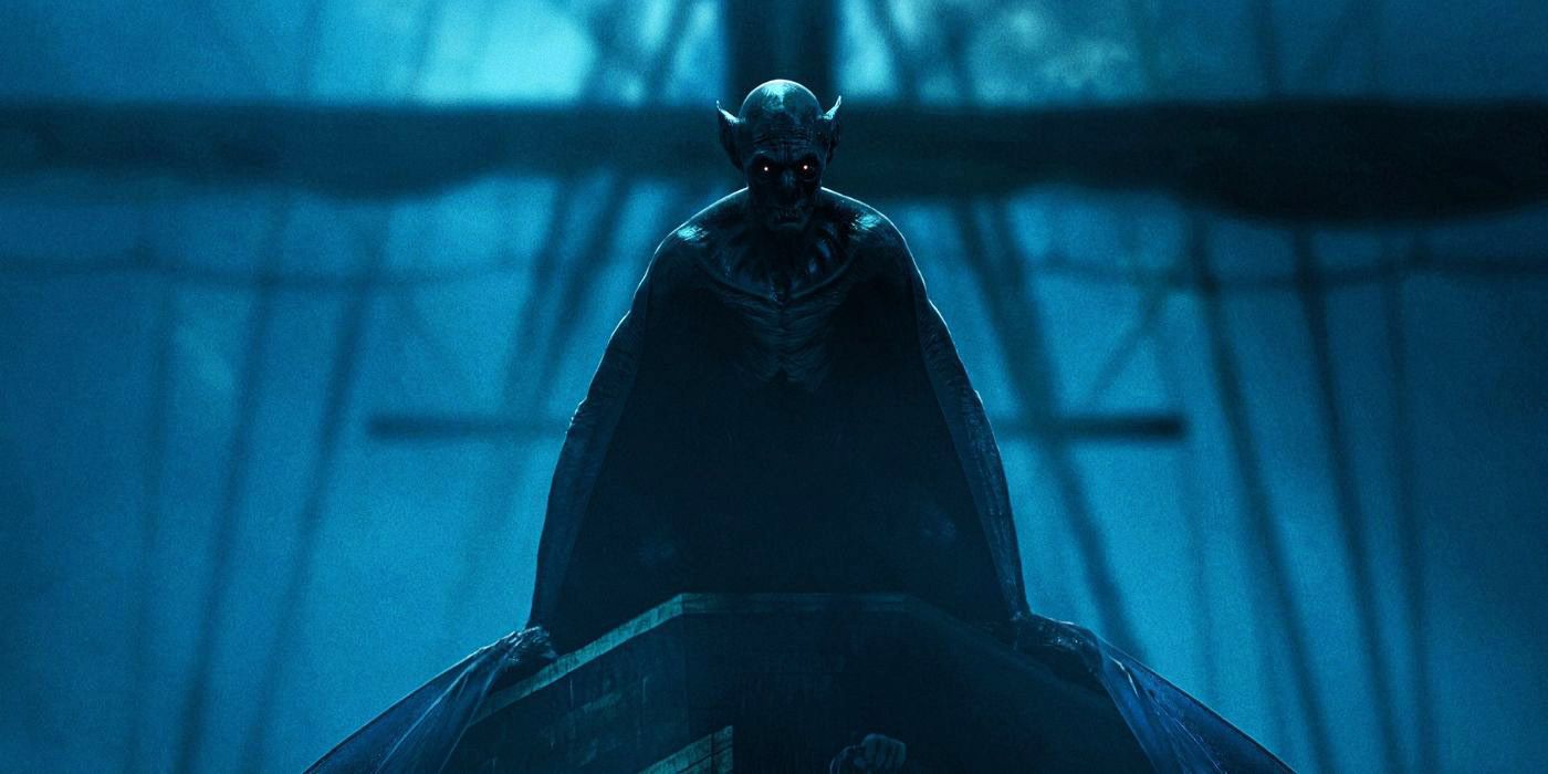 Dracula as a bat creature standing on the bow of a ship in The Last Voyage of the Demeter