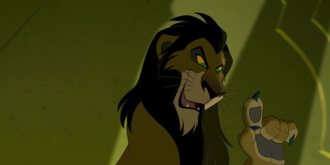 Scar with an evil smile raising his paw in The Lion King