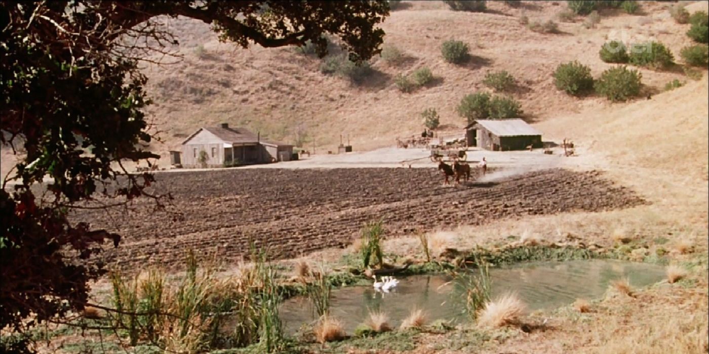 Horses plowing field in a scene from 'Little House on the Prairie.' 