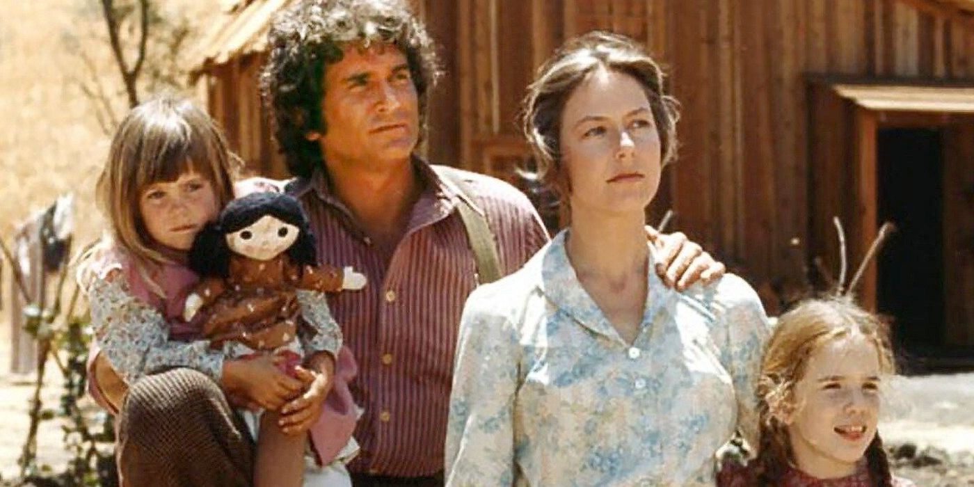 Lindsay or Sidney Greenbush as Carrie Ingalls, Michael Landon as Charles Ingalls, Karen Grassle as Caroline Ingalls, and Melissa Gilbert as Laura Ingalls in 'Little House on the Prairie.'