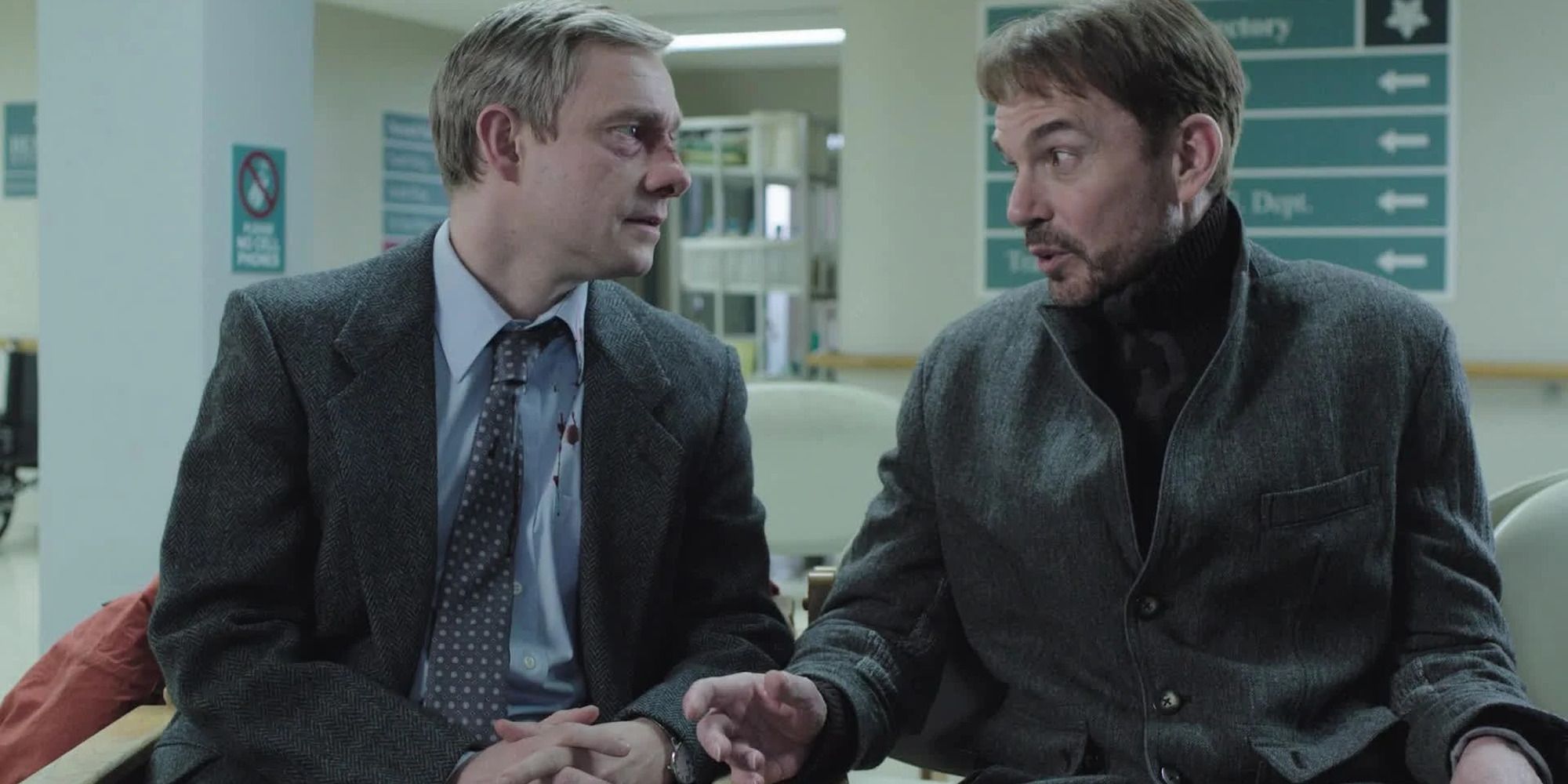 Lester and Lorne from 'Fargo' speaking in a waiting room