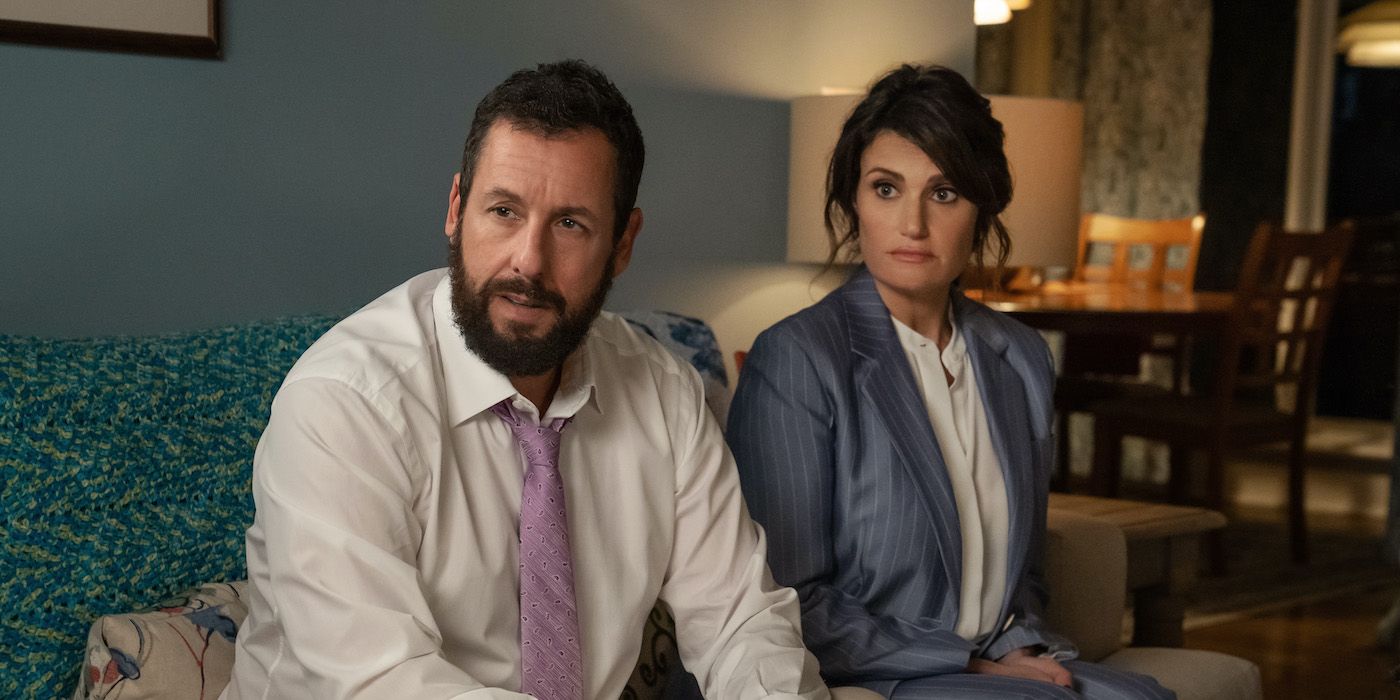 Adam Sandler as Danny Friedman and Idina Menzel as Bree Friedman in You Are So Not Invited to My Bat Mitzvah. 