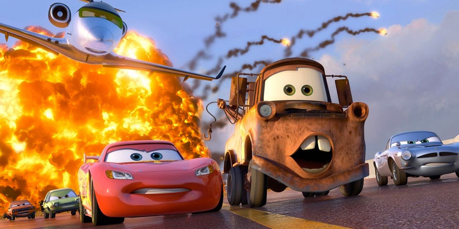 McQueen and Mater fleeing an explosion in 'Cars 2'