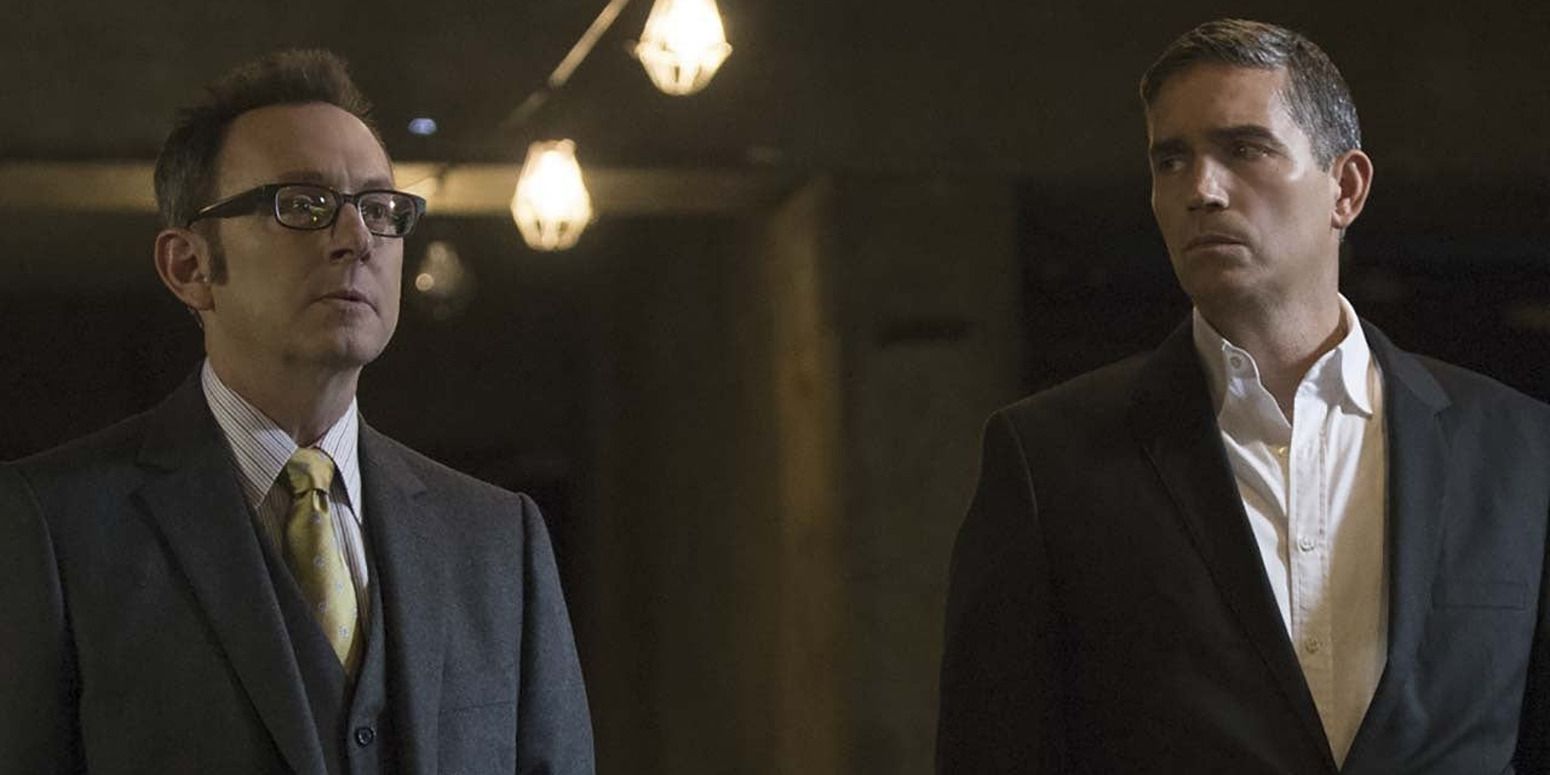 Michael Emerson and Jim Caviezel in 'Person of Interest' in an underground room