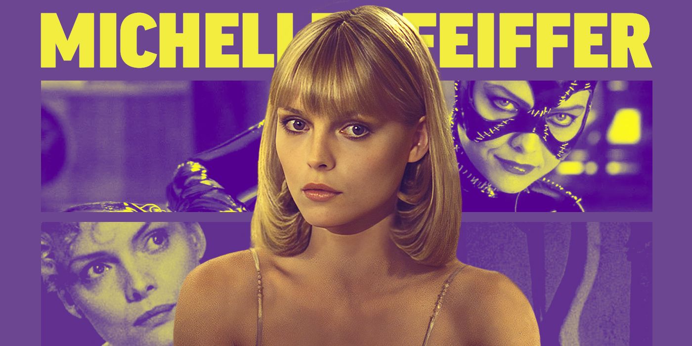 Blended image showing Michelle Pfeiffer and her name in large yellow letters.