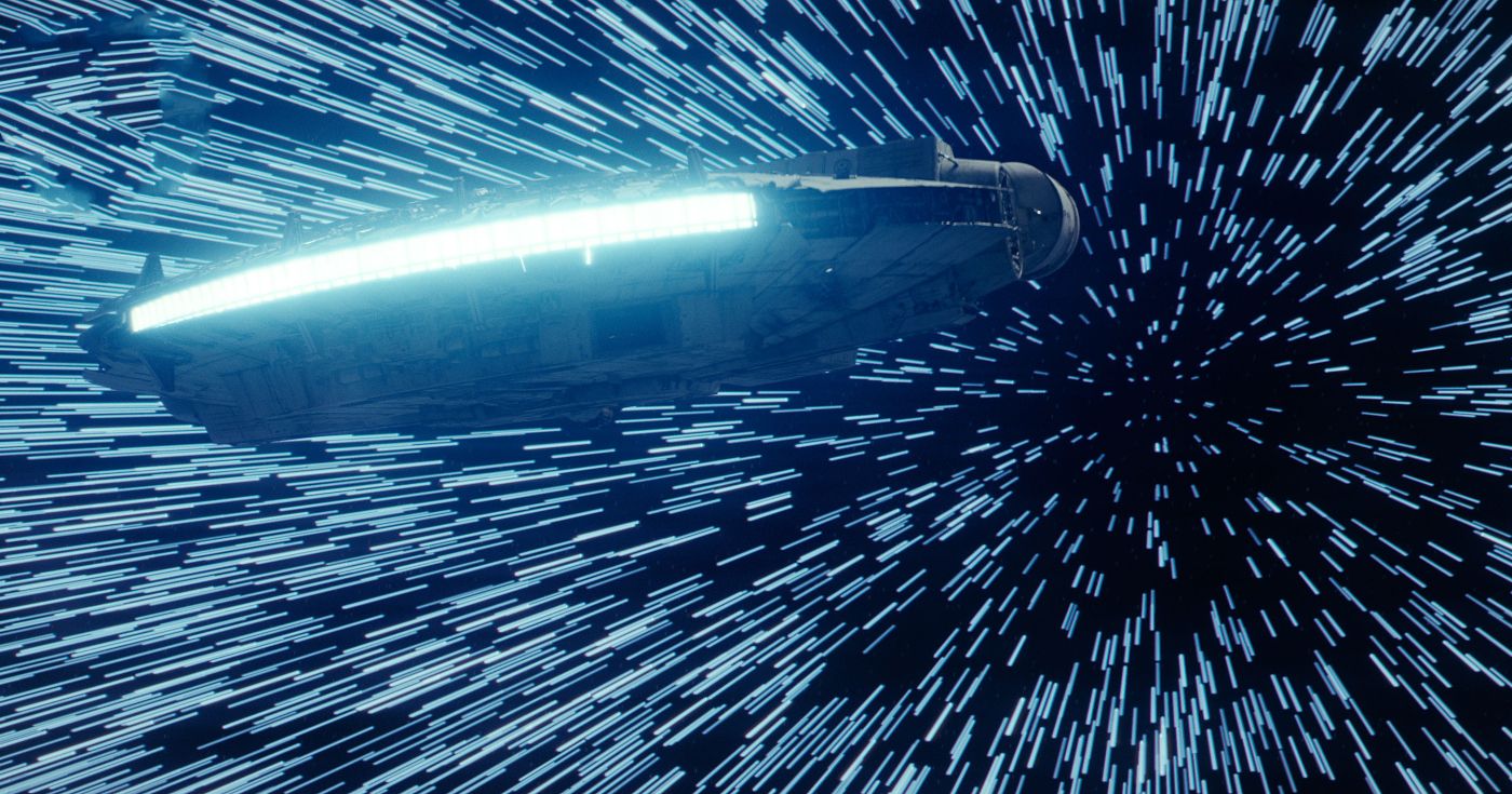 The Millenium Falcon travelling at lightspeed in Star Wars