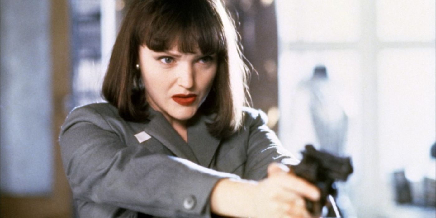 Miranda Richardson as Jude aiming a gun in The Crying Game