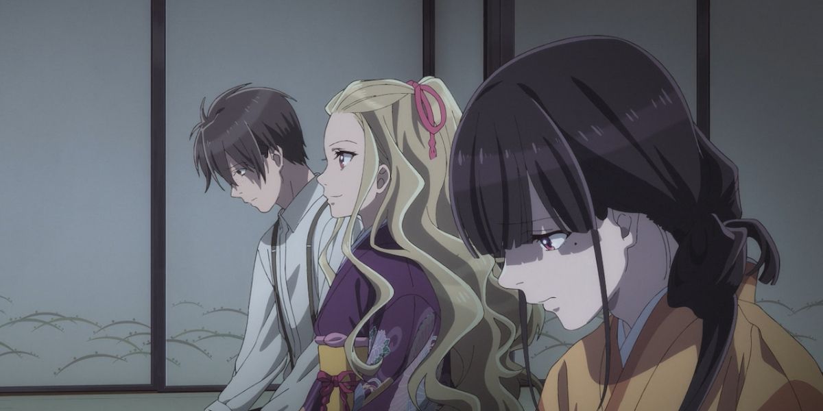 Miyo, Kaya, and Kouji in the Netflix anime My Happy Marriage