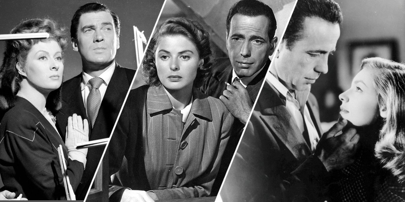 Split image showing characters from Mrs. Miniver, Casablanca, and To Have and Have Not