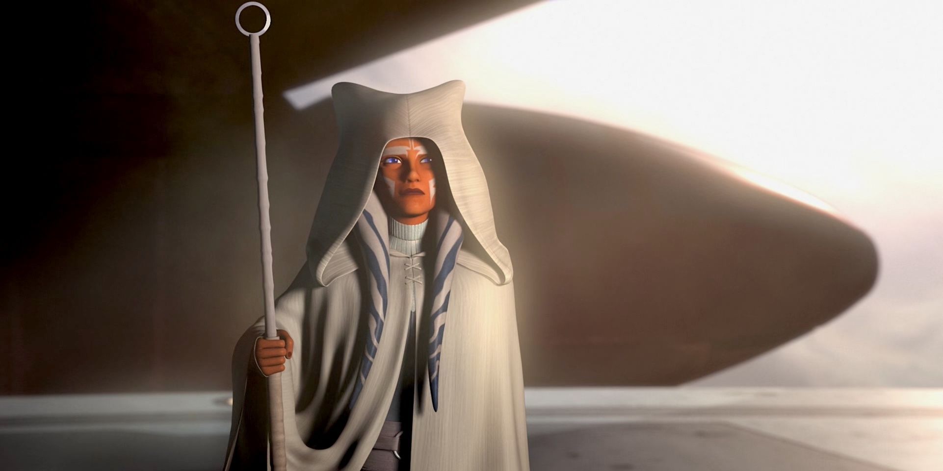 Ahsoka in her grey Jedi robe, fares the Phoenix Squadron farewell in Star Wars Rebels