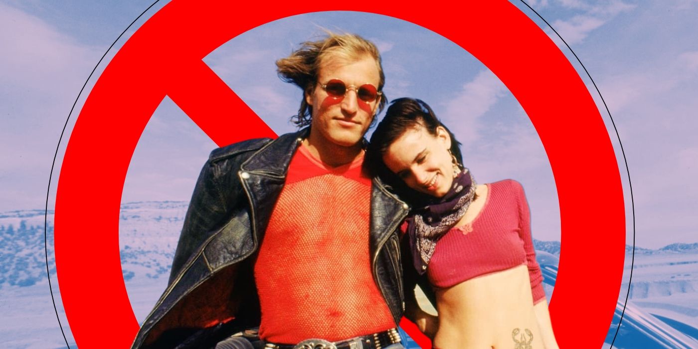 Custom image of Woody Harrelson and Juliette Lewis from Natural Born Killers against a prohibition/banned symbol