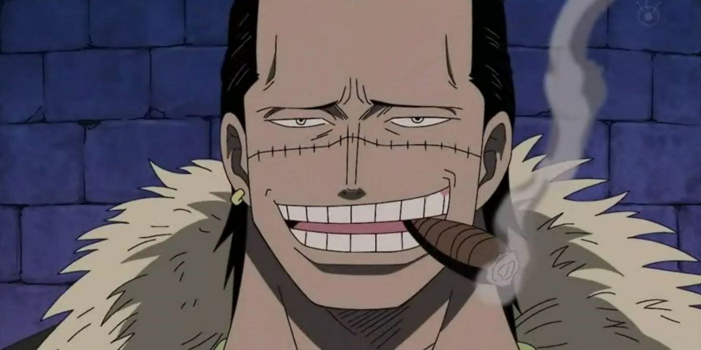 Close up image of Crocodile grinning with a cigar in his mouth in One Piece.