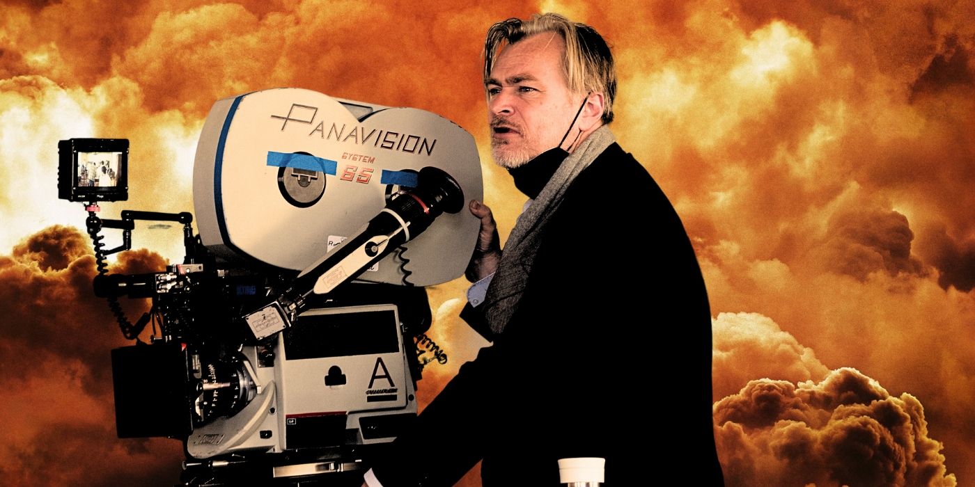 Custom Image of Christopher Nolan behind a camera wearing a mask, with a massive explosion as the background