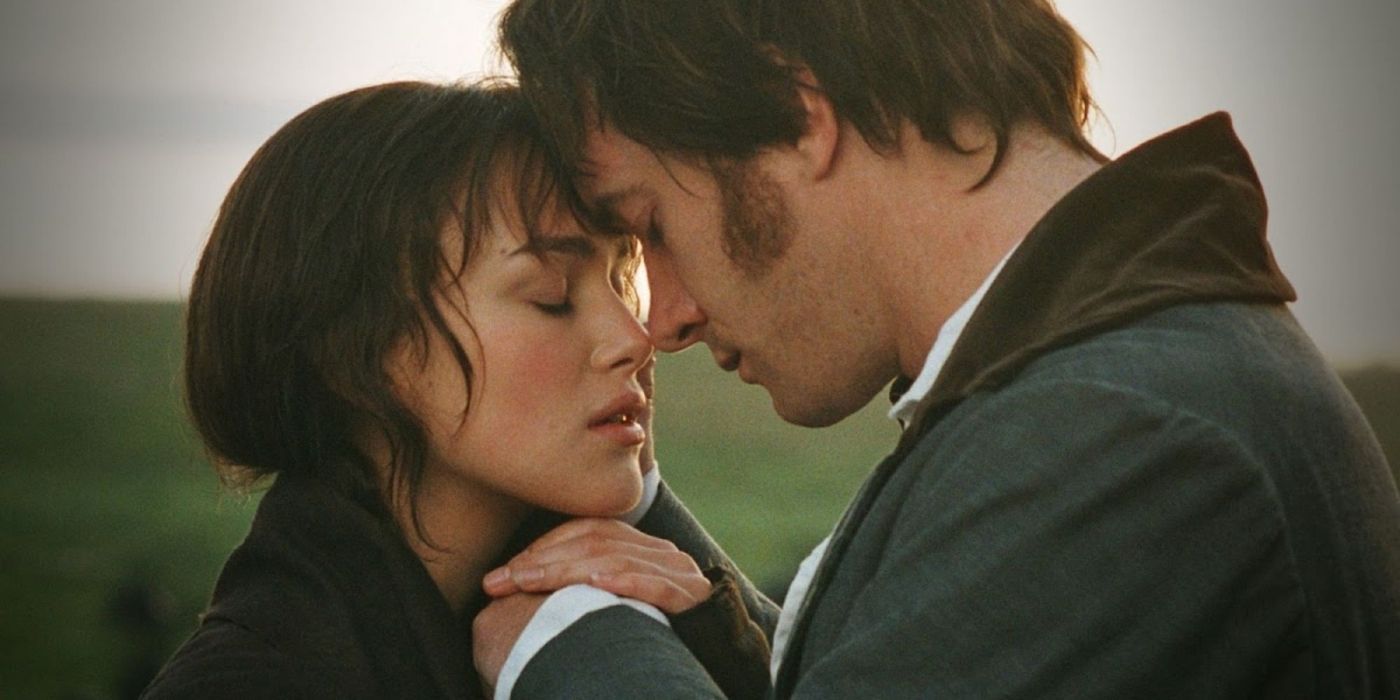 Elizabeth (Keira Knightley) and Darcy (Matthew Macfadyen) sharing an intimate moment, their foreheads lightly pressed together and their eyes closed in Pride & Prejudice