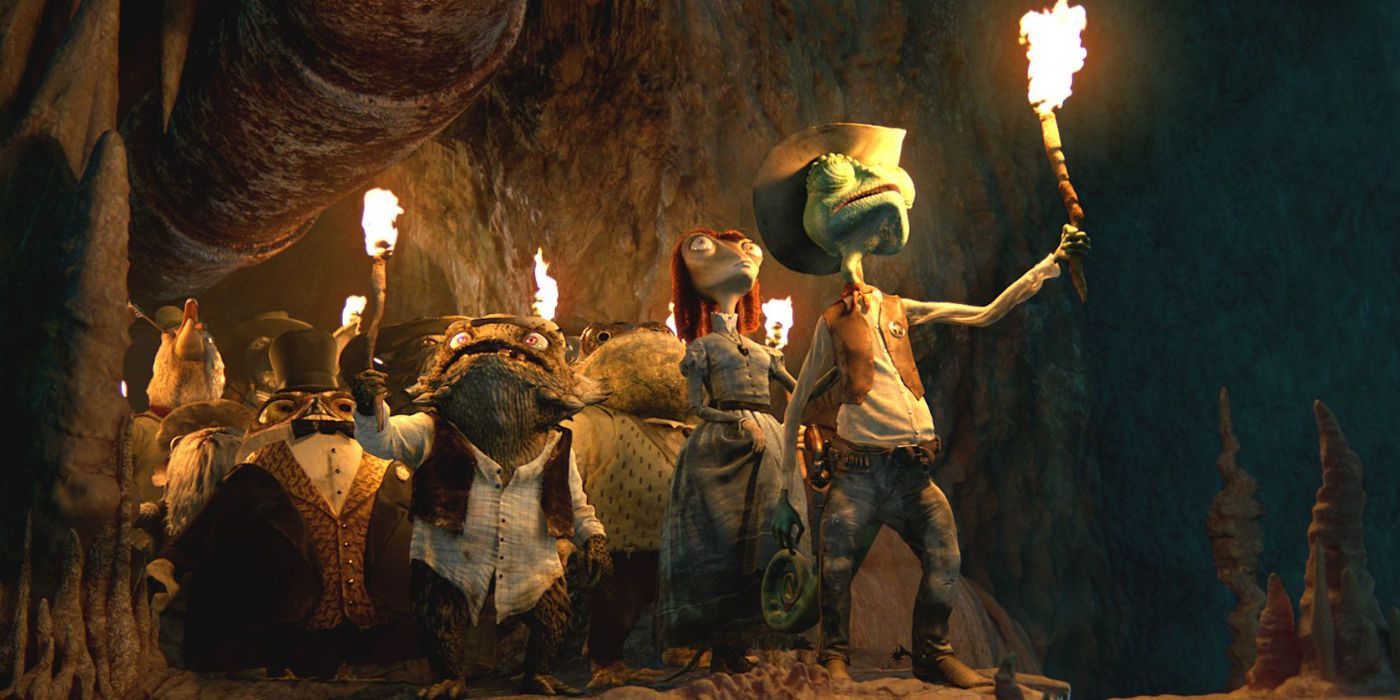 Rango (voiced by Johnny Depp) and his Western posse searching the caves of the desert. 