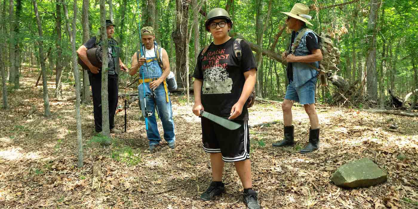 Gary Farmer as Uncle Brownie, Zahn McClarnon as Big, Lane Factor as Cheese, Wes Studi as Bucky in Reservation Dogs Season 3. 