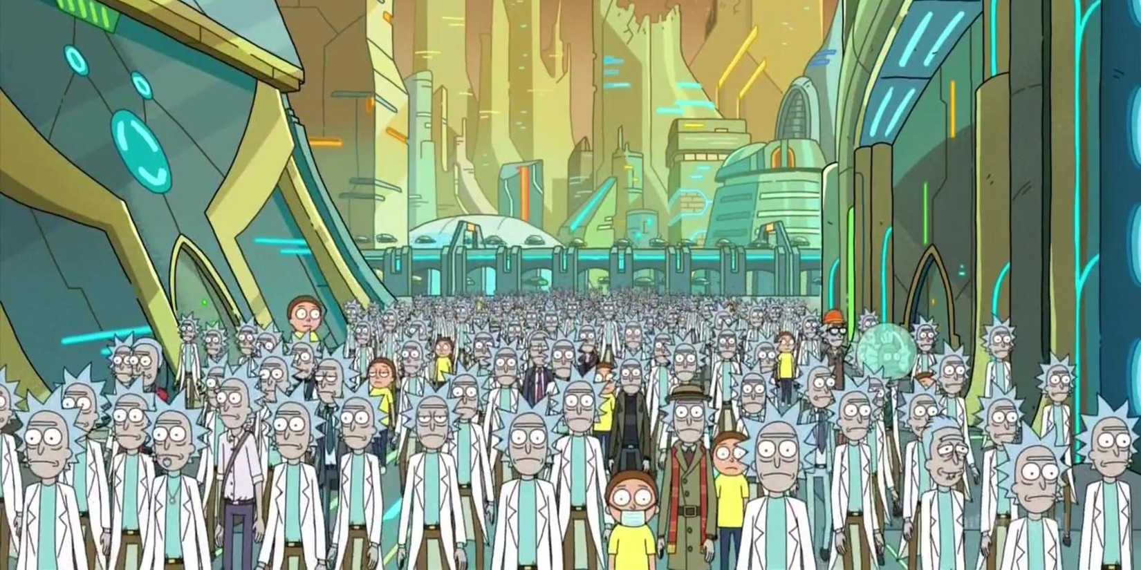 A large crowd of Ricks and Mortys at the Citadel in Rick and Morty.