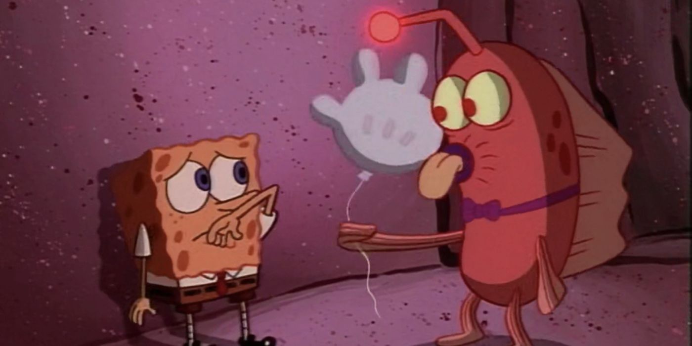 Spongebob backed against the wall looking scared as a fish with a glowing antenna sticks his tongue out and holds a balloon