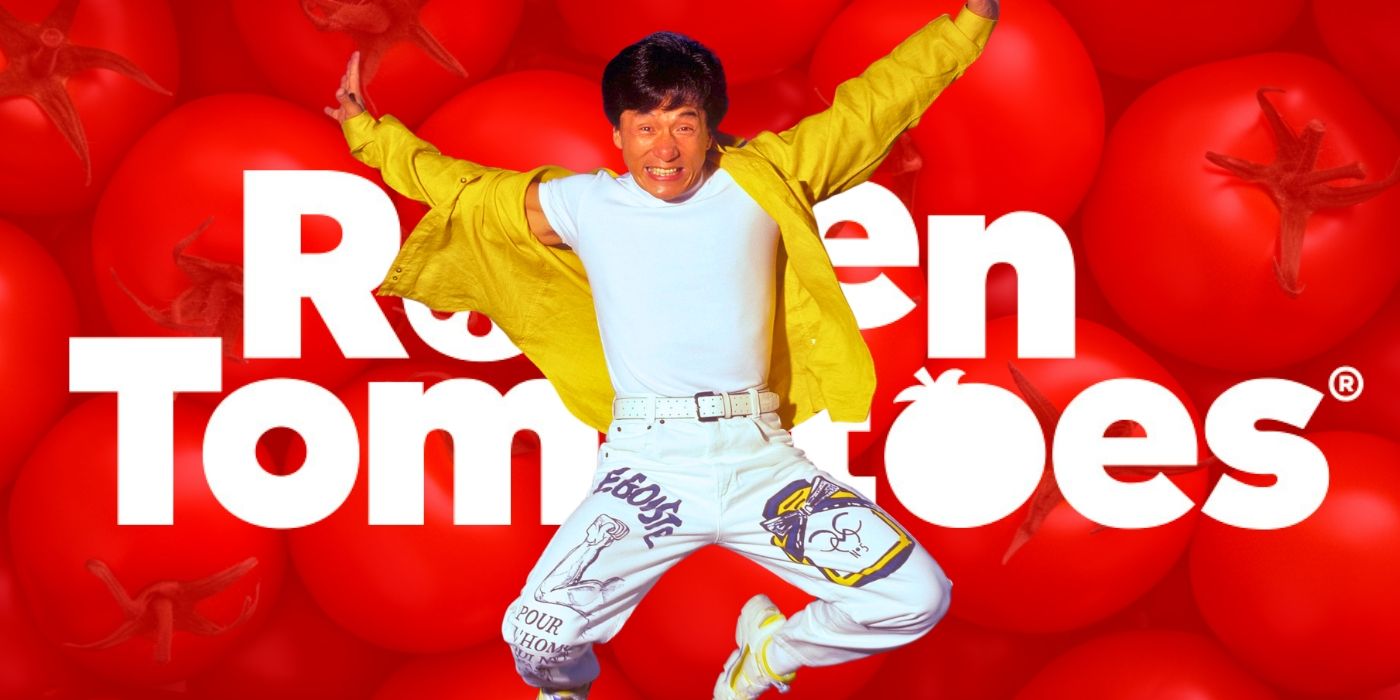 Jackie chan jumping through the air against a red background with the words 