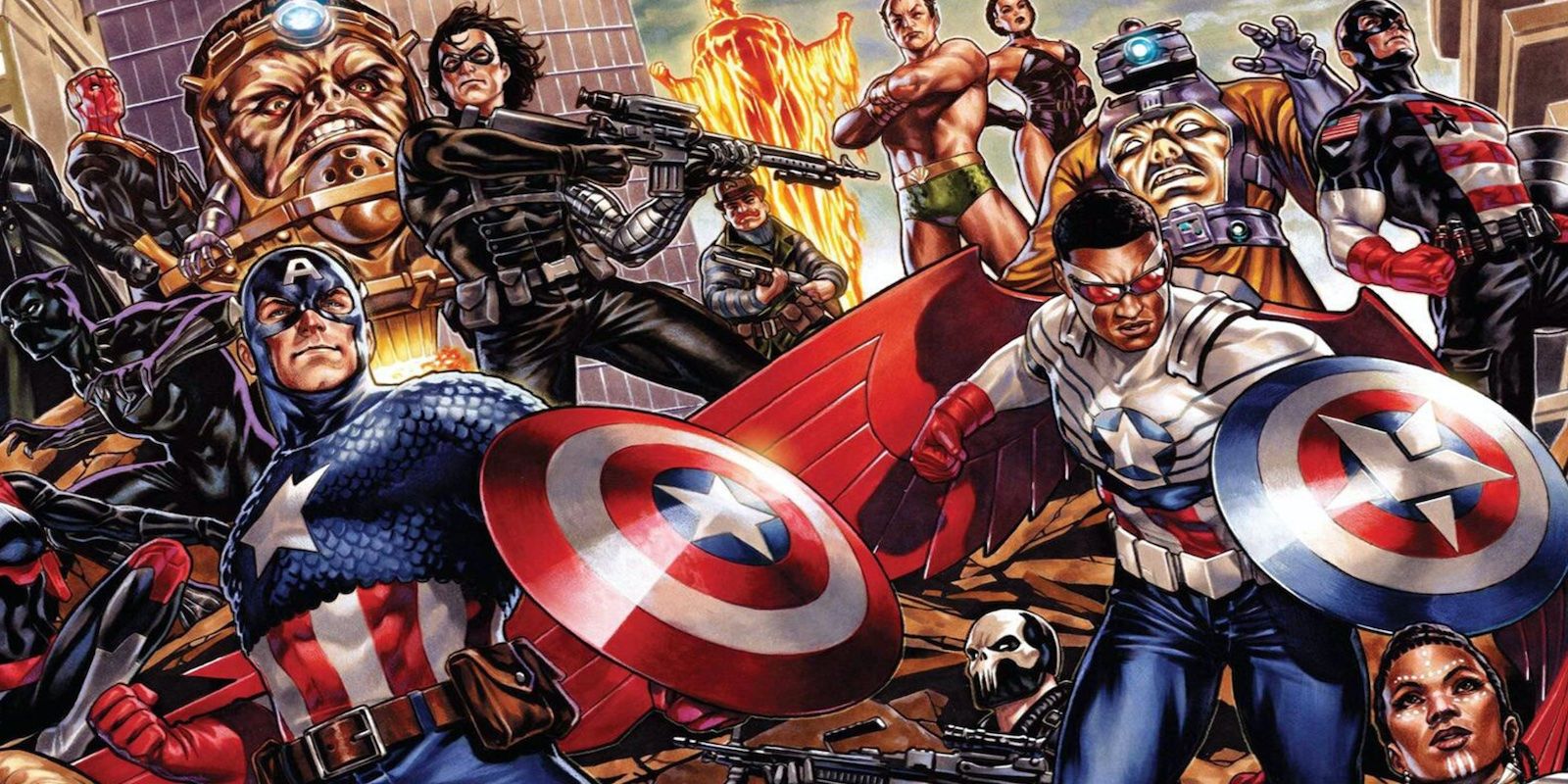 Steve Rogers and Sam Wilson, two Captain Americas accompanied by a host of other Marvel characters.
