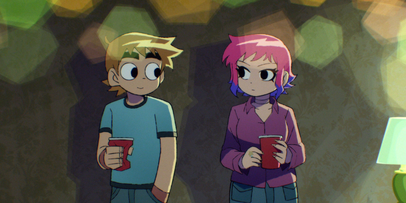 Scott Pilgrim and Ramona Flowers stand next to each other at a party 