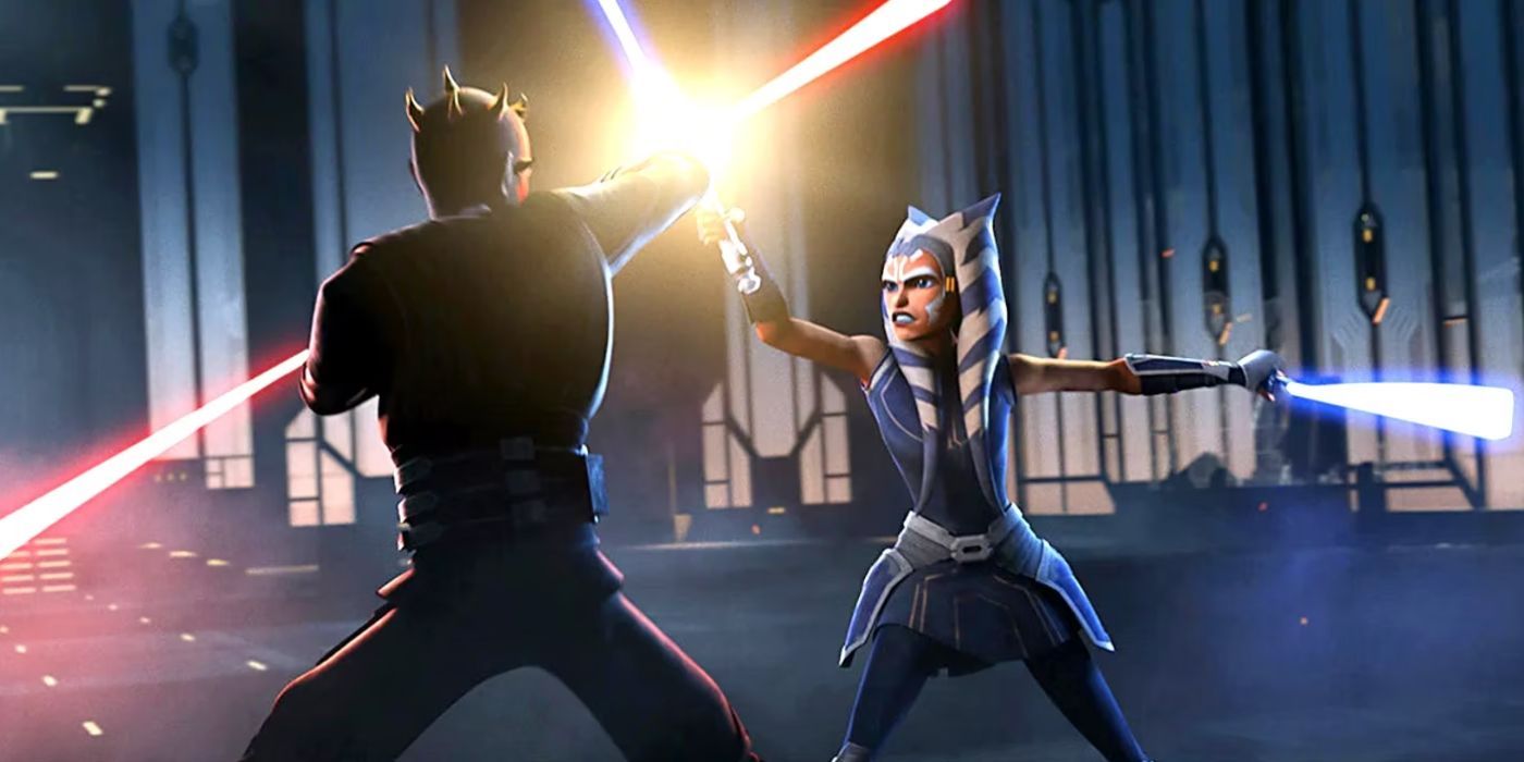 Ahsoka dueling Maul in 'Star Wars: The Clone Wars'