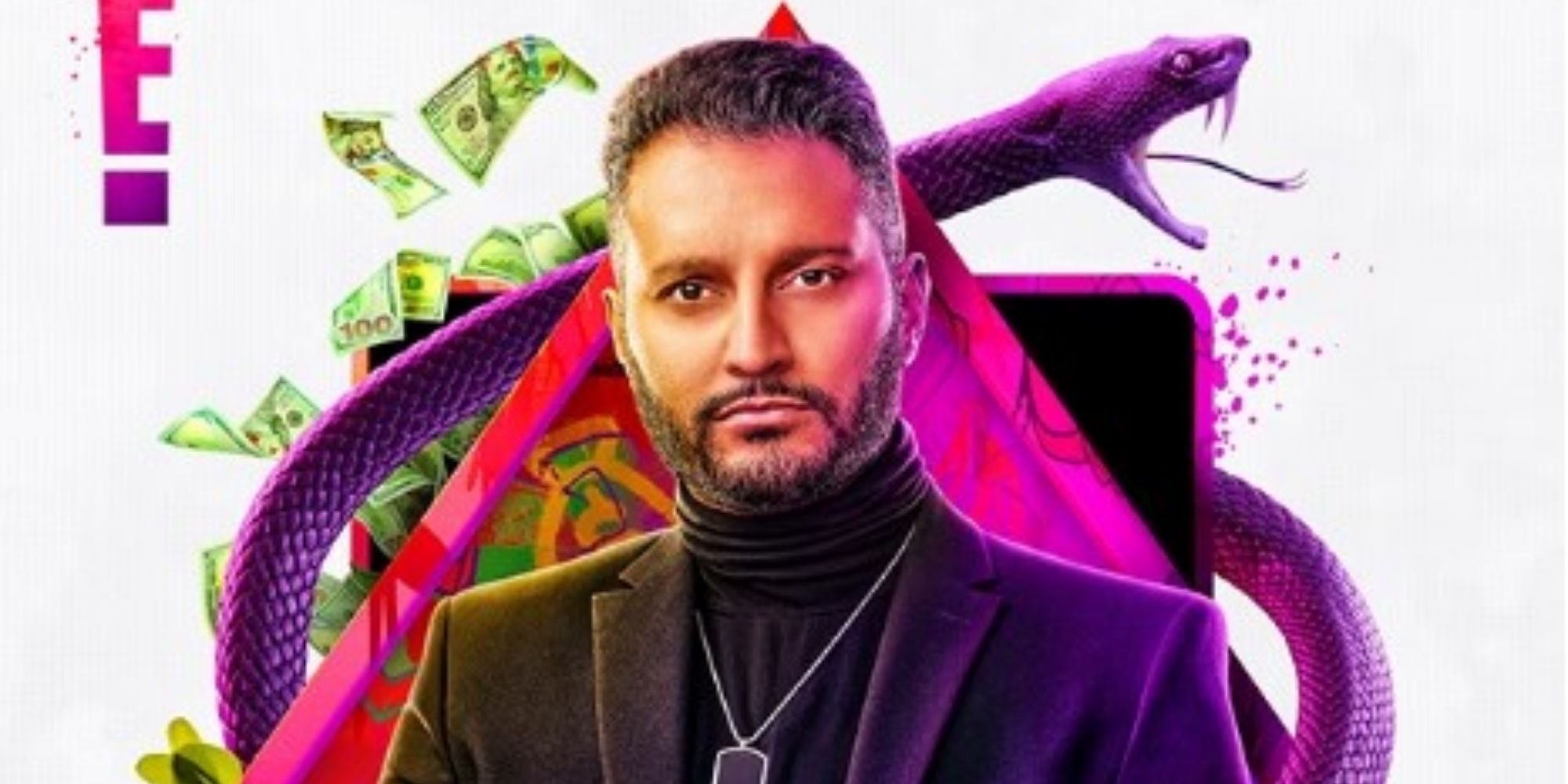 Shake Chatterjee wears a black turtleneck and suit jacket in his 'House of Villains' cast photo.