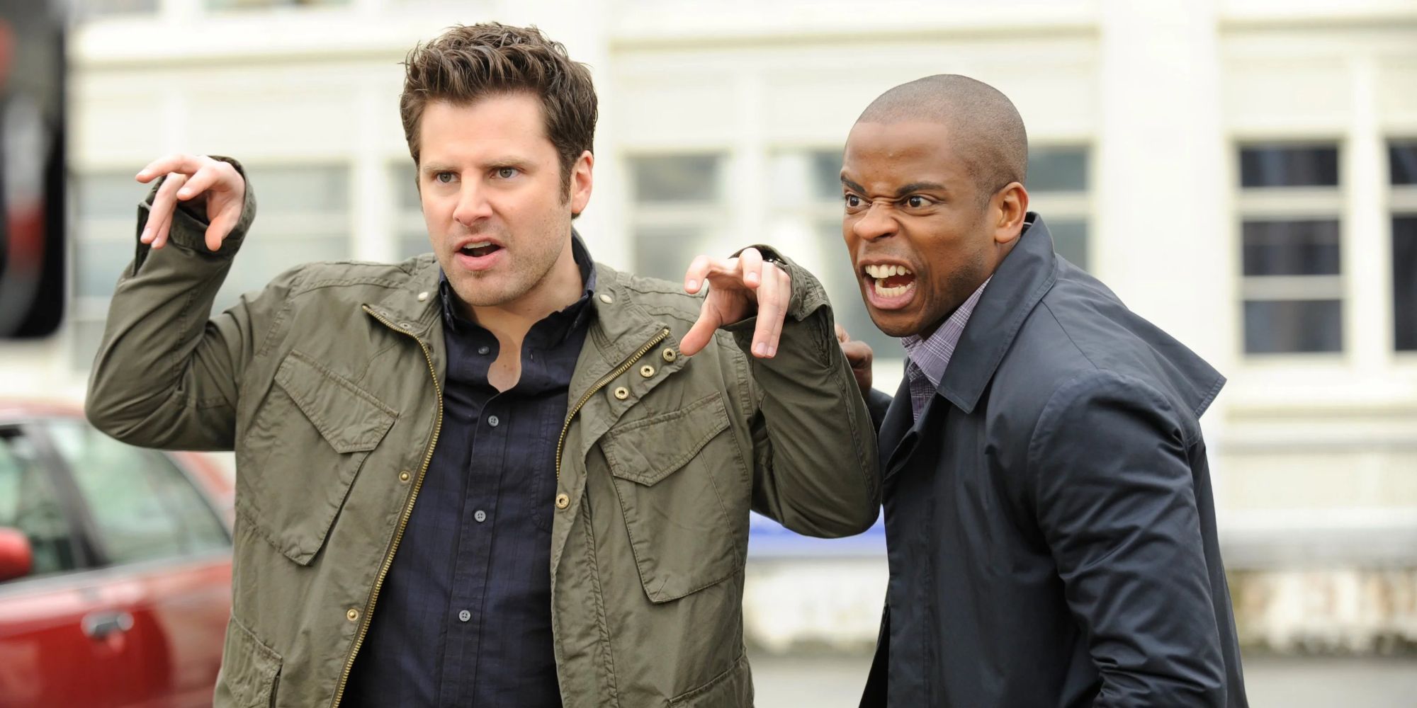 Shawn and Gus making growl faces with hands up in Psych