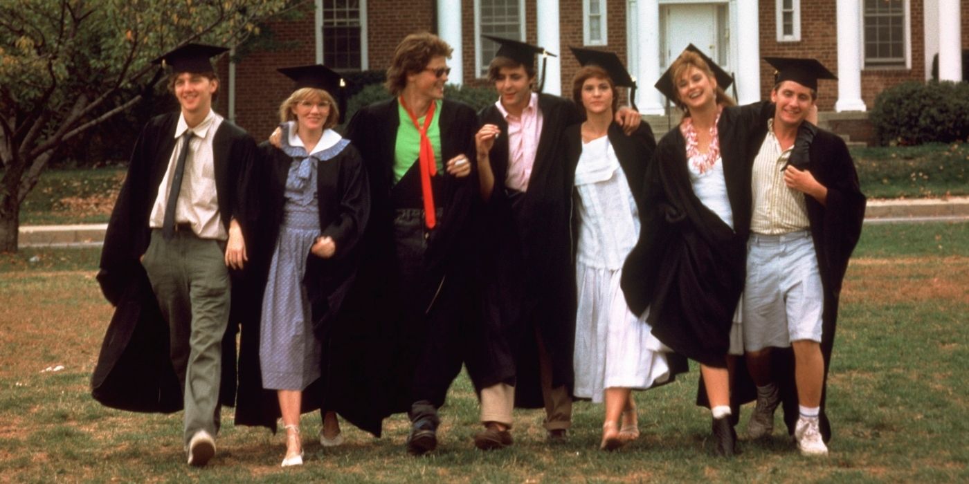 Andrew McCarthy, Mare Winningham, Rob Lowe, Judd Nelson, Ally Sheedy, Demi Moore and Emilio Estevez wearing their caps and gowns in 'St. Elmo's Fire.' 