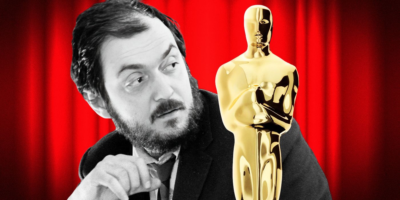 A custom image of Stanley Kubrick looking at an Oscar statuette 