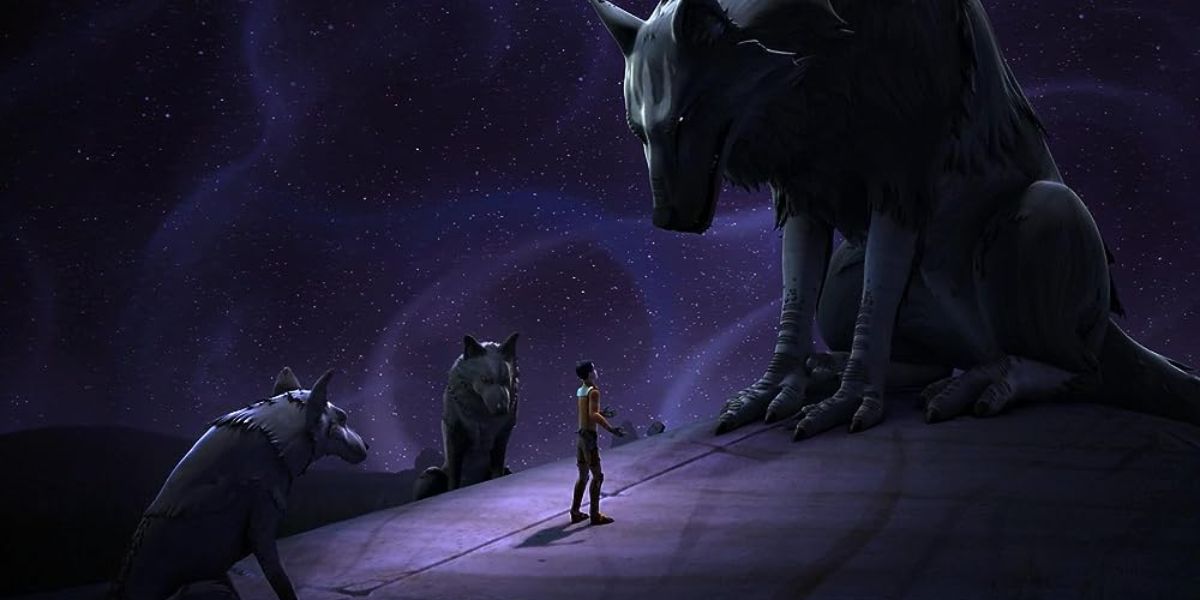 Ezra Bridger talks to Dume the Loth-Wolf in the Star Wars: Rebels episode DUME