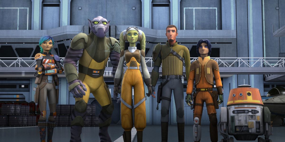 The full cast of Star Wars: Rebels stand in a group