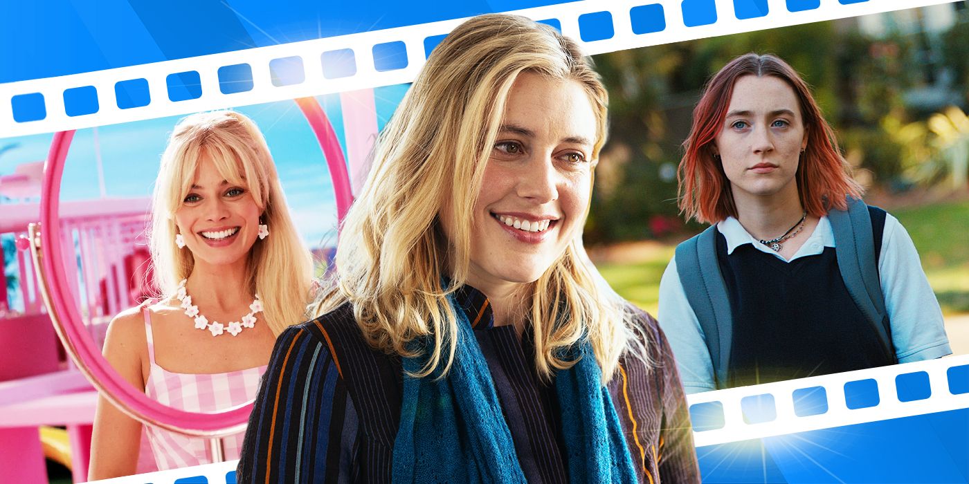 Stills from Barbie, Lady Bird, and an image of Greta Gerwig