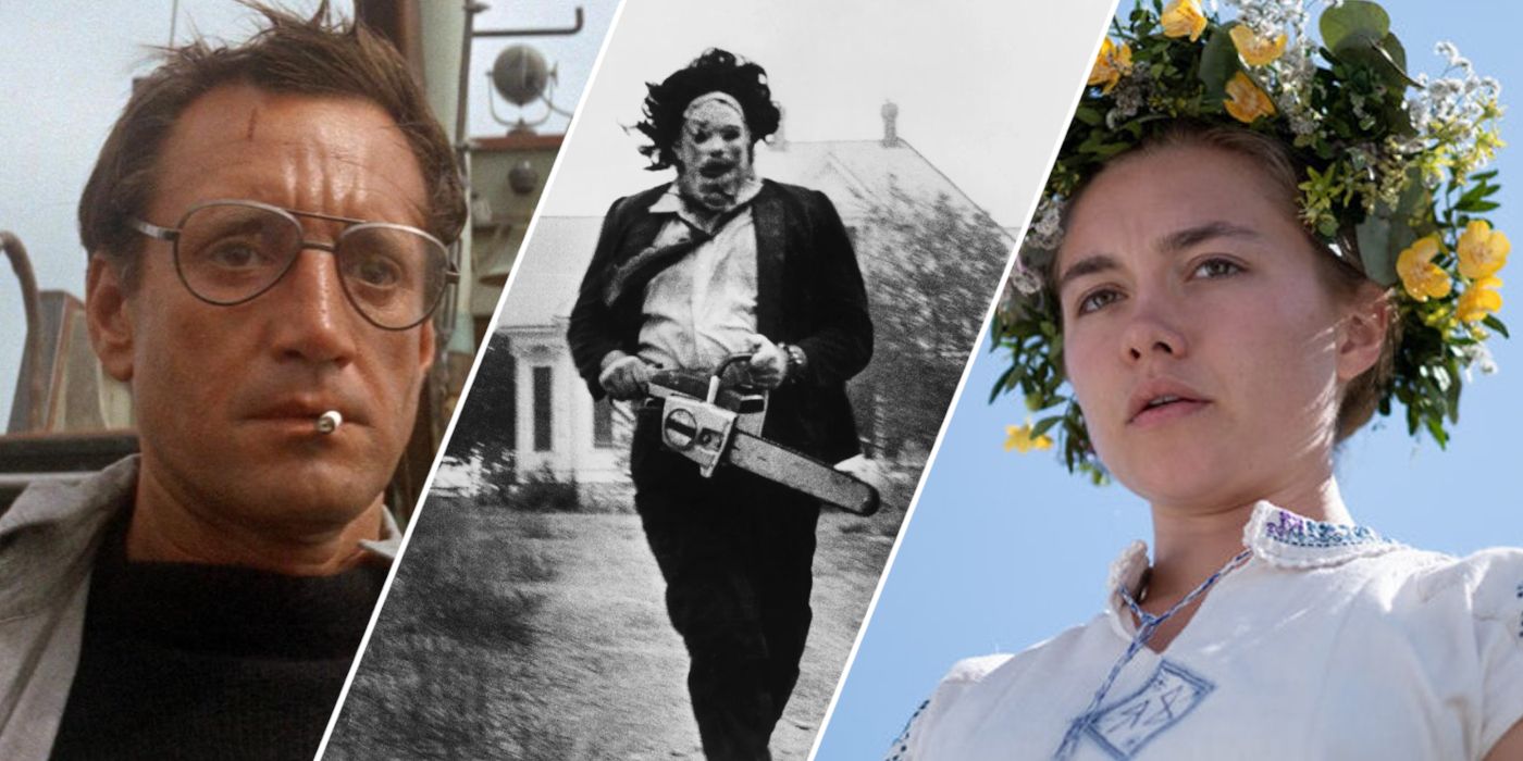 Stills from Jaws, The Texas Chainsaw Massacre, and Midsommar