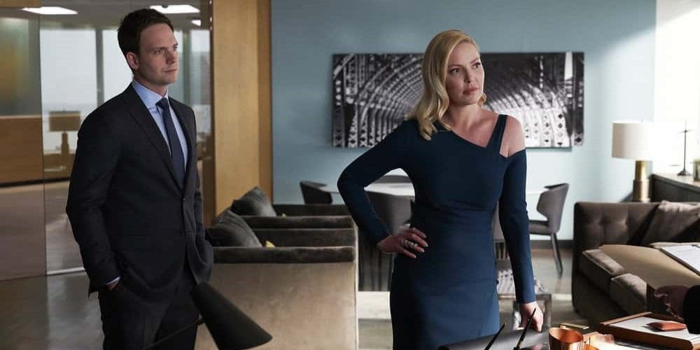 Patrick J. Adams and Katherine Heigl as Mike and Samantha in Suits.