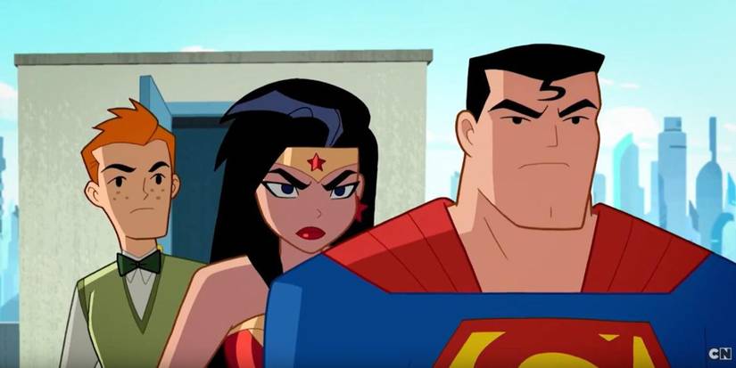 Superman and Wonder Woman looking angry while Jimmy Olsen stands behind them in Justice League Action