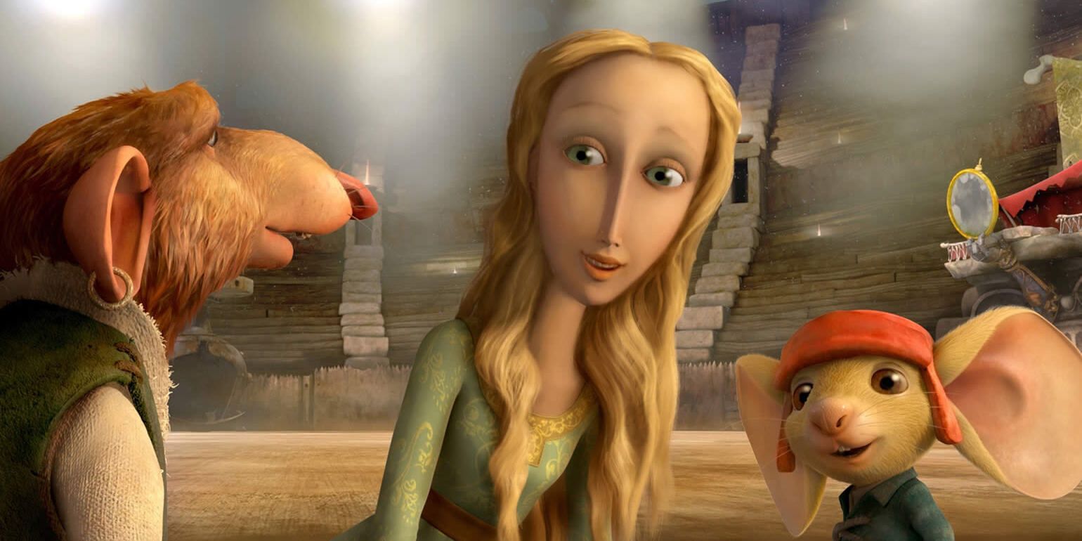 A still from The Tale of Despereaux featuring characters Roscuro, Despereaux, and Princess Pea