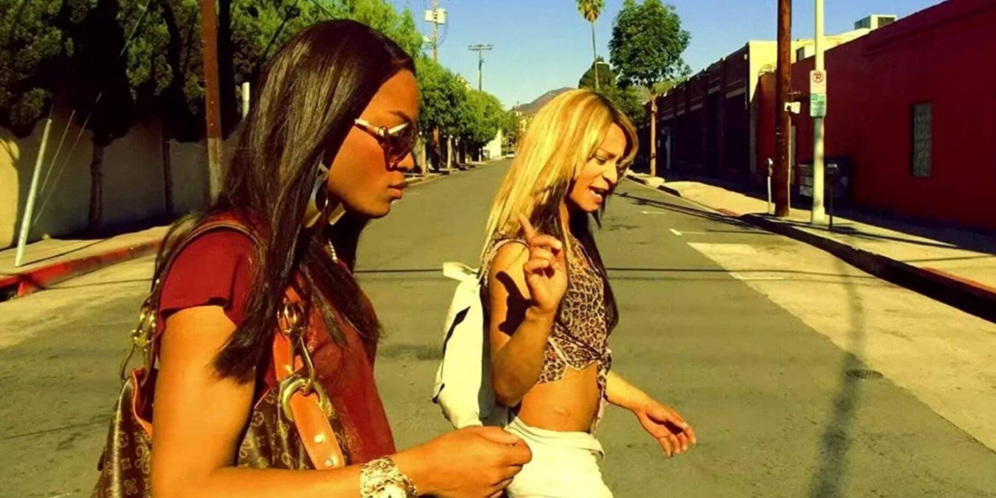 Sin-Dee (Kitana Kiki Rodriguez) and Alexandra (Mya Taylor) walk together in Tangerine (2015).