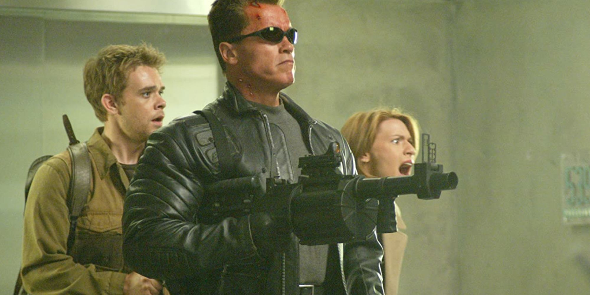 The Terminator protects John Connor, and Kate Brewster in 'Terminator 3: Rise of the Machines'.