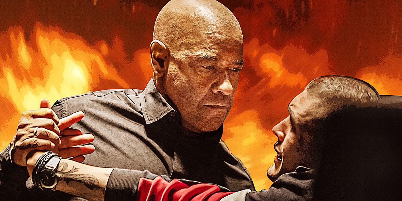 Denzel Washington as Robert McCall in a fight in The Equalizer 3, against a fiery background